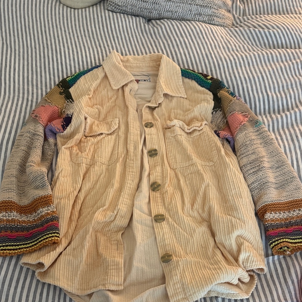 Anthropologie Beige Corduroy Shirt with Multicolor Knit Sleeves